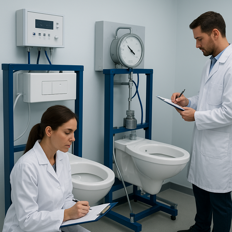 Laboratory testing setup comparing flush efficiency and load capacity of various bidet toilet brands